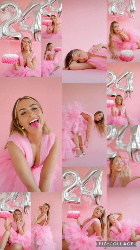 21st Studio Photoshoot, Girly Birthday Pictures, Pretty In Pink Photoshoot Photo Ideas, 30 Pink Birthday, Pink 21st Birthday Photoshoot, Birthday Pink Photoshoot, Birthday Shoot Ideas For Women Studio, Pink Theme Photoshoot, 24th Birthday Ideas Photoshoot