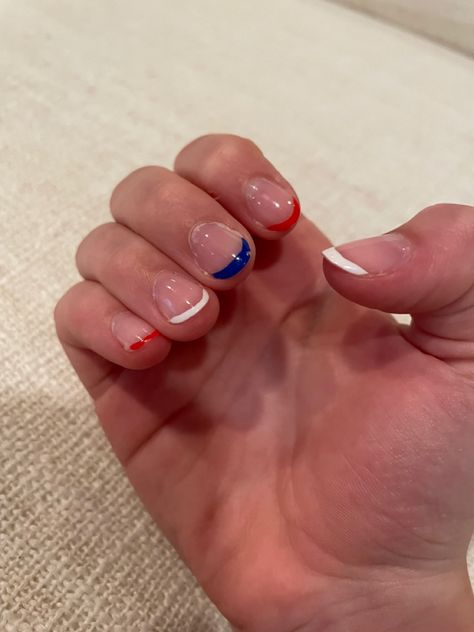 Red White And Blue Nail Tips, Red White And Blue French Tip Nails, White And Blue French Tip, Baseball Nails, Blue French Tip, French Toes, Blue French Tips, Pedicure Ideas, Fourth Of July Nails