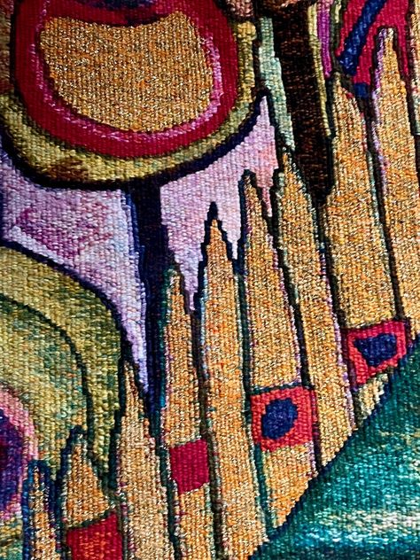 The Hundertwasser Tapestries: Part 2 - Musings on contemporary woven tapestry and textile art - Ellen Ramsey Tapestry Contemporary Tapestry, Contemporary Tapestries, Studio Weave, Living On A Boat, Wool Tapestry, Woven Tapestry, Floating House, Small Canvas, Tapestry Weaving