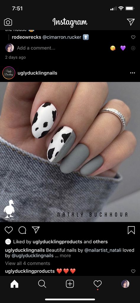 Cow Print Nails, Cow Nails, Print Nails, White Cow, Cow Art, Gel Nail Designs, Glitter Gel, Girls Prints, Matte Nails