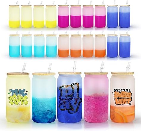 sweet grain Color Changing Sublimation Glass Cups, 25 Pack Frosted Sublimation Glass Blanks with Bamboo Lid, 16oz Color Changing Cups Tumblers Beer Can Glass Tumbler, for Iced Coffee Color Changing Cups, Drinking Jars, Fruit Infused Water, Glass Coffee Cups, Diy Presents, Fruit Infused, Glass Cups, Infused Water, Sublimation Paper