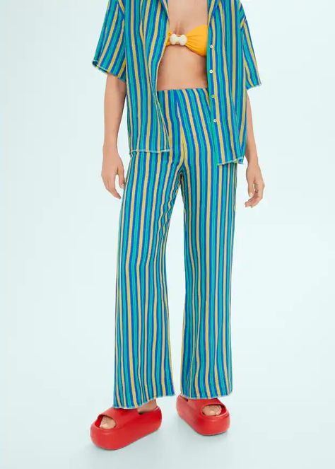 Printed Linen Pants, Style Californien, Striped Linen Pants, Top Lingerie, Striped Linen Shirt, Linen Blend Pants, Mango Fashion, Wide Leg Linen Pants, Printed Trousers