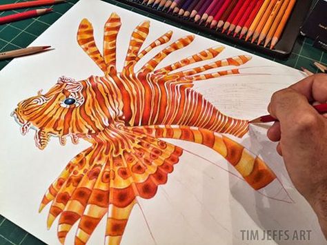 Now for the Fins!  See and purchase prints of all of my art here… Fish Pencil Sketch, Rhino Painting, Sea Drawing, Sea Creatures Art, Colored Pencil Tutorial, Lion Fish, Curious Creatures, Fish Drawings, Pool Decor