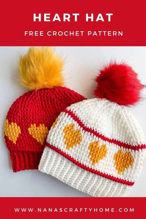 The Heart Hat is a free crochet pattern by Nana's Crafty Home! This fun colorwork hat is made with the textured front post double crochet stitch throughout. Worked from the bottom up this festive Valentine's Day hat can be made with or without stripes. Add the stripes for a sporty team spirit hat! C2c Heart, Crochet Baby Cap, Valentine Hats, Crochet Valentine Patterns, Crochet Beginners, C2c Crochet Pattern Free, Hat Patterns Free, Crochet Patterns Free Beginner, Valentines Patterns