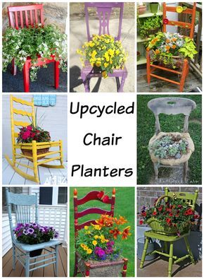 Upcycled Chair Planters - turn thrift store chairs into pretty planters that also double as garden art! 8 fabulous examples from talented DIYers! Upcycled Chairs, Taman Diy, Chair Planter, Old Chairs, Patio Designs, Garden Yard Ideas, Memorial Garden, Deco Floral, Flower Planters