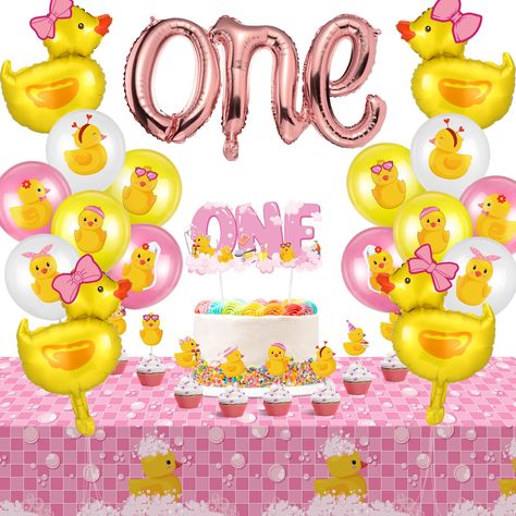 PRICES MAY VARY. Duck Birthday Party Supplies: you will receive 1 set of 16 inch rose gold [ONE] balloons, 12 pieces of 12 inch latex balloons, 24 pieces of rubber duck cupcake toppers, 1 piece of one cake topper, 4 pieces of 11 inch duck foil balloons and 2 pieces of yellow duck tablecloths, large quantity and complete combination to decorate your duck theme party Extensive Use: the pink cake topper, duck balloons and other party supplies can be widely applied for duck theme party, duck theme b Birthday Decorations Yellow, Duck First Birthday Party, Rubber Duck First Birthday, Duck 1st Birthday, Duck First Birthday, Rubber Ducky Birthday, Rubber Duck Birthday, Pink Cake Toppers, Balloons Cake