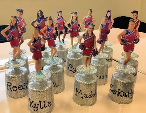 The Cheerleaders loved their personalized cheer trophies! Diy Cheerleader Gifts Ideas, Cheer Party Theme Ideas, Cheer Booth Ideas, End Of The Year Cheer Party, Cheer Centerpiece Ideas, Cheer Memory Ideas, Cheer Awards Banquet Gift Ideas, Cheer Banquet Centerpieces Diy, Cheerleader Team Dinner