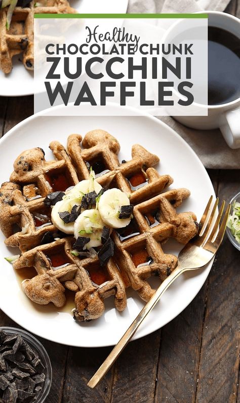 Whole Wheat Zucchini Chocolate Chunk Waffles - Fit Foodie Finds Waffles With Chocolate, Breakfast Baking Recipes, Zucchini Waffles, Athlete Food, Whole Wheat Waffles, Detoxifying Food, Zucchini Chocolate, French Toast Waffles, Breakfast Baking