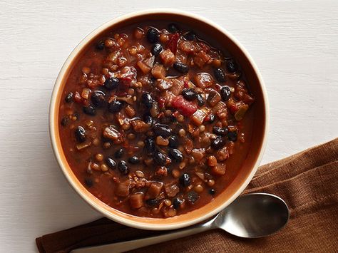 Black Bean, Lentil and Eggplant Chili Recipe : Food Network - FoodNetwork.com Superbowl Chili Recipe, Black Bean Lentil, Top Chili Recipes, Chili Recipe Food Network, Eggplant Chili, Chili Vegetarian, Best Eggplant Recipe, Chili Recipe With Black Beans, Chili Food