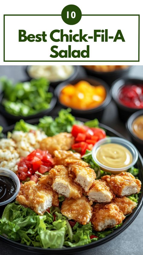 Image of a Chick-Fil-A salad with a variety of salad dressing packets arranged beside it, showcasing different flavors to enhance the meal. Apple Cider Vinegrette, Avocado Lime Ranch, Chick Fil A Recipe, Waffle Fries, Asian Salad, Favorite Meals, Chick Fil A, Salad Dressings, Chicken Sandwich