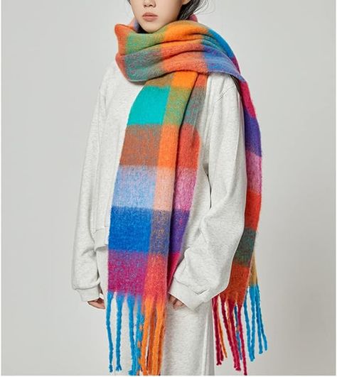 OUNIYA Large Chunky Plaid Scarf Checked Colorful Oversized Scarves Soft Big Cashmere Wool Thick Winter Warm Blanket Women Acne Studios Scarf, Blue Plaid Scarf, Scarf Aesthetic, Scarf Outfit Winter, Bright Scarf, Fall Wardrobe Staples, Mohair Scarf, Big Scarf, Scarf Tutorial