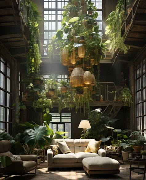 Plant Lounge Room, Loft With Plants, Modern Plant Room, Loft Plants, Forest Room Decor, Urban Jungle Interior, Apartment Plants, Dark House, Architecture Model House