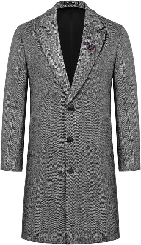 PJ PAUL JONES Men's Herringbone Wool Blend Long Overcoat Pea Coat with Brooch at Amazon Men’s Clothing store Herringbone Overcoat, Peacoat Men, Long Overcoat, Men's Outfits, Wool Peacoat, Pea Coat, Mens Coats, Herringbone, Clothing Store