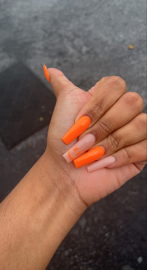 Orange N White Nails, Trendy Orange Nails Acrylic, Orange Square Nails Long, Solid Color Nails Orange, Orange Neutral Nails, Mail Inspo Orange, Orange Full Set Nails, Plain Orange Nails Acrylic, Basic Orange Nails