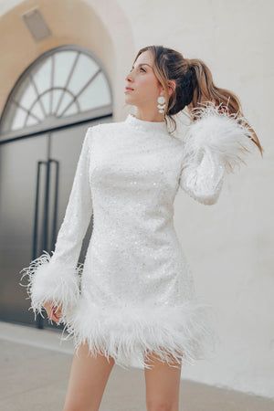 Wedding After Party Dress For Bride, Long Sleeve White Dresses, Untamed Petals, 70s Wedding, Wedding Reception Dress, Bridal Event, Feather Trim, Dress Order, Mini Robes