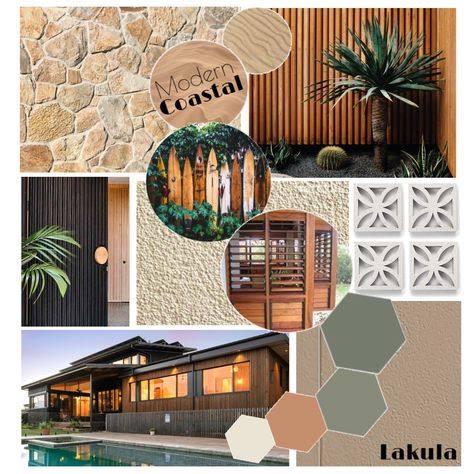 Landscape Mood Board, Exterior Mood Board, Modern Coastal Interior, Modern Coastal Interior Design, Clay Pipe, Coastal Interior Design, Exterior Finishes, Design Mood Board, Coastal Interior