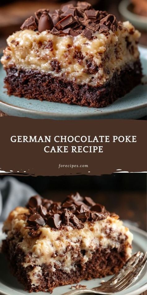 German Chocolate Poke Cake is a decadent twist on the classic German Chocolate Cake. This easy-to-make dessert features a moist chocolate cake that's filled with rich, gooey caramel and topped with a luscious coconut-pecan frosting. Perfect for any celebration or just a sweet treat to indulge in, this poke cake is sure to satisfy your chocolate cravings. German Chocolate Poke Cake, German Chocolate Cake Recipe, Poke Cake Recipe, Chocolate And Vanilla Cake, Chocolate Poke Cake, German Desserts, Gooey Caramel, Strawberry Dessert Recipes, Poke Cake Recipes