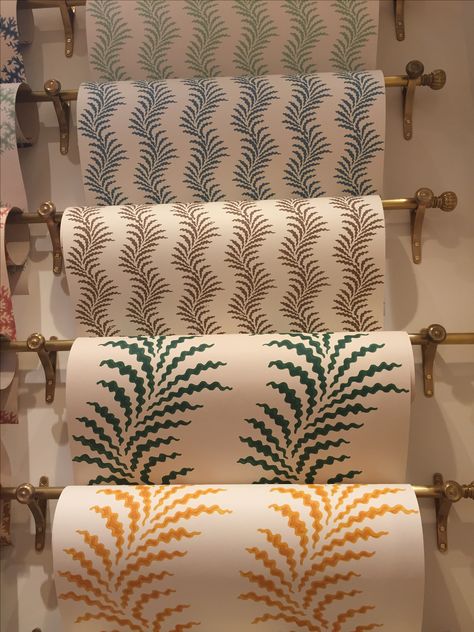 Soane Britain's Scrolling Fern Frond wallpaper with smaller scaled Scrolling Fern Silhouette above. Both designs are also available in fabric. Soane Scrolling Fern Wallpaper, Soane Britain Wallpaper, Fern Silhouette, Interiors 2024, Wallpaper Showroom, Upholstered Chairs Fabric, Lace Wallpaper, Fern Wallpaper, Soane Britain