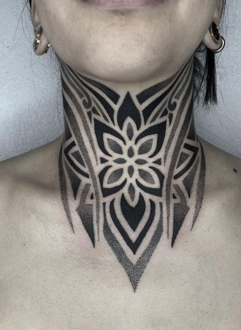 Geometric Throat Tattoo, Mandala Tattoo Neck, Women Neck Tattoo, Neck Tattoos For Women, Front Neck Tattoo, Neck Tattoo Ideas, Throat Tattoo, Blue Rose Tattoos, Neck Tattoos Women