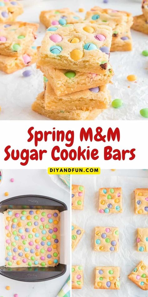 Spring M&M Sugar Cookie Bars, a simple and delicious dessert or snack perfect for Easter or for gatherings. Easter Cookie Bars, Easter Bars, Sugar Cookie Bar Recipe, Cookie Bars Easy, Easter Cookie, M And M, Sugar Cookie Bars, Christmas Candy Recipes, Sugar Cookie Dough