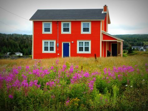 In Gull Island area(between Burnt Point and Northern Bay, Newfoundland Newfoundland Houses, Newfoundland Scenery, Twillingate Newfoundland, Floating Cottage, Newfoundland Art, Red Buildings, Newfoundland Travel, Magic Door, Landscape Art Quilts