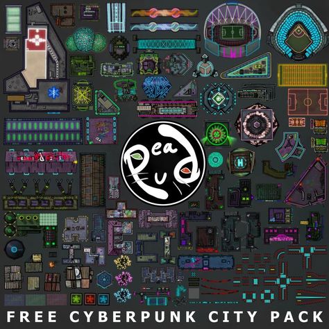 These are some cool city map assets for your next Cyberpunk themed campaign. This free version is available for download from our Patreon. #vttrpg #ttrpg #rpg #dnd #dungeonsanddragons #cyberpunk #city #digitalart #stickers #dungeondraft #inkarnate #peapu #roads #buildings #modern #neon #stadium #nightlife #nightclub #bridge #apartment Cyberpunk City Map, Cyberpunk Assets, Cyberpunk Ttrpg, Dnd Resources, Map Assets, Buildings Modern, Cool City, Map Making, Neon City