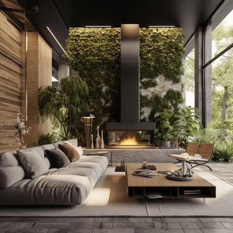 Biophilic Design Modern Luxury Living Room Idea Image Modern Futuristic Living Room, Biophilic Design Interiors Home, Biophilic Living Room, Biophilic Design Interiors, Futuristic Living Room, Luxury Living Room Ideas, Biophilic Interior, Painted Windows, Modern Luxury Living Room