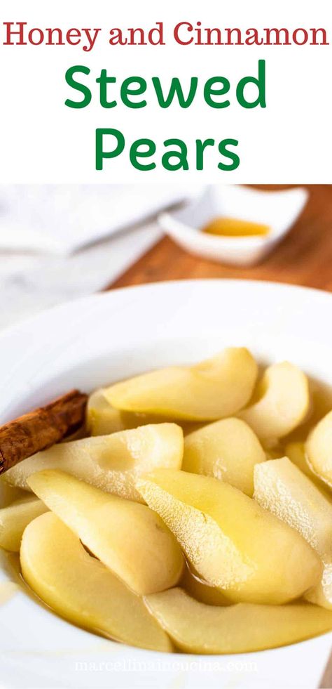 Stewed Pears is a simple recipe that you can make in just 15 minutes with minimal ingredients! Quartered pears are simmered gently in a little sugar, some honey and a cinnamon stick until deliciously tender and flavorsome. The best part is that these pears team perfectly with cake, granola, yoghurt and much more which means you’ll never be bored! #stewedpears #stewedfruit #cooked fruit Poached Pear Recipe, Poached Fruit Desserts, Spiced Pears Recipe, Stewed Pears Recipe, Fresh Pear Recipes, Healthy Winter Desserts, Stewed Pears, Poached Fruit, Pear Recipes Easy