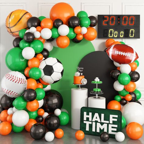 PRICES MAY VARY. 【102Pcs Sport Balloon Garland】Our balloon garland kit contains:4 x 18inch Balloons (black*1,white*1,orange*1,green*1) , 50 x 10inch Balloons(black*10,white*10,orange*15,green*15), 40 x 5inch Balloons (black*10,white*10,orange*10,green*10), 4PCSball foil balloons(football*1,baseball*1,football*1,basketball*1),balloons strip 1pc, adhesive tape 3pcs,ribbon 1pc. 【Premium Material】 Our balloons are made of natural latex.Each of these latex balloons is in a brighter color and 20% thic Boy Party Balloons, Garden Theme Party, Ball Theme Party, Sports Theme Party, Colorful Party Decorations, Athletic Director, 2nd Birthday Party For Boys, Balloons Arch, Sports Theme Birthday