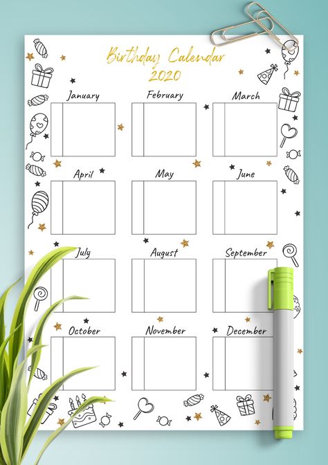 Wonderful birthday calendar template with the yearly format to help you track birthdays easily on one page. Download now to start using today. Birthday Calendar Template, Calendar Free Printable, Birthday Deco, Framed Calendar, Calendar Examples, Promotional Calendar, Free Calendar Template, Magnetic Calendar, Pocket Calendar