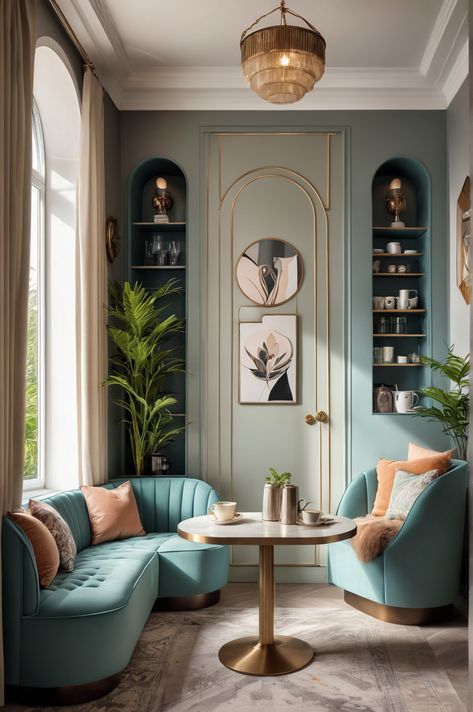 10 Ideas and Inspiration for Art Deco Style Coffee Nooks - afullmug.com Relaxing Nook Cozy Corner, French Inspired Office, Cozy Nook Living Room, Decorate Above Couch, Coffee Nook Ideas, 1920s Office, Art Deco Apartment Decor, Art Deco Interior 1920s, Art Deco Design Interior