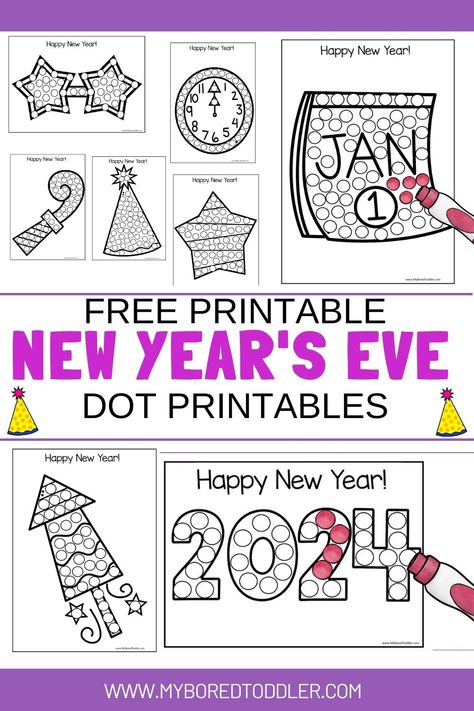 FREE Printable New Year's Eve Dot Printables for Toddlers & Preschoolers - a fun and easy New Year's Eve activity for toddlers New Years Printables Free Kids, Nye Preschool Activities, New Year Preschool Activities 2024, Happy New Year Crafts For Preschool, New Years Preschool Crafts, New Years Art For Toddlers, Preschool New Years Activities, New Years Preschool Activities, New Years Worksheets