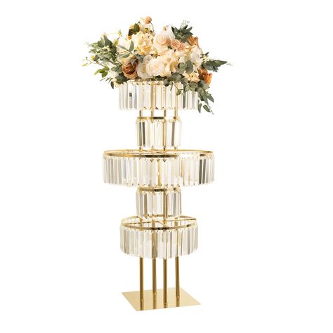 PRICES MAY VARY. PACKAGE AND SIZE: 1 large crystal flower stand (the flowers in the picture are not included), with a height of 120cm/47.24” and a bottom diameter of 30cm/11.81", fully meeting your height needs. Due to the difference of light and screen, the real gold may be slightly different from the picture, but the real thing will make your eyes shine. CLASSIC AND UNIQUE BLINGBLING DESIGN: creative golden five tier metal frame with sparkling crystal strips, when you touch the hanging crystal Gold Vase Centerpieces, Crystal Centerpieces Wedding, Chandelier Centerpiece, Gold Wedding Centerpieces, Vases Centerpieces, Crystal Centerpieces, Pedestal Stand, Gold Vases, Wedding Gold