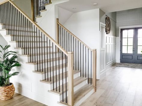 White Risers Stairs, Oak Stairs With White Risers, Exclusive House Plan, White Staircase, Home Entryway, Hardwood Stairs, House Staircase, Shingle Style Homes, Staircase Remodel