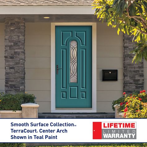 Engineered to last longer, Therma-Tru fiberglass doors resist dents, rust and rot. Smooth-Star fiberglass doors feature crisp, clean contours, making them more attractive and durable to steel. The repeating circular design of TerraCourt® decorative glass brings timeless beauty and sophistication to your door. Door features a smooth surface that is primed and ready to paint, offering endless possibilities to create the look you want. Wood door frame provides a sturdy surface for door mounting. Se Caribbean Front Doors, Front Door Remodel, Teal Front Doors, Wood Door Frame, Fiberglass Front Door, Therma Tru, Beautiful Front Doors, Exterior Doors With Glass, Teal Paint