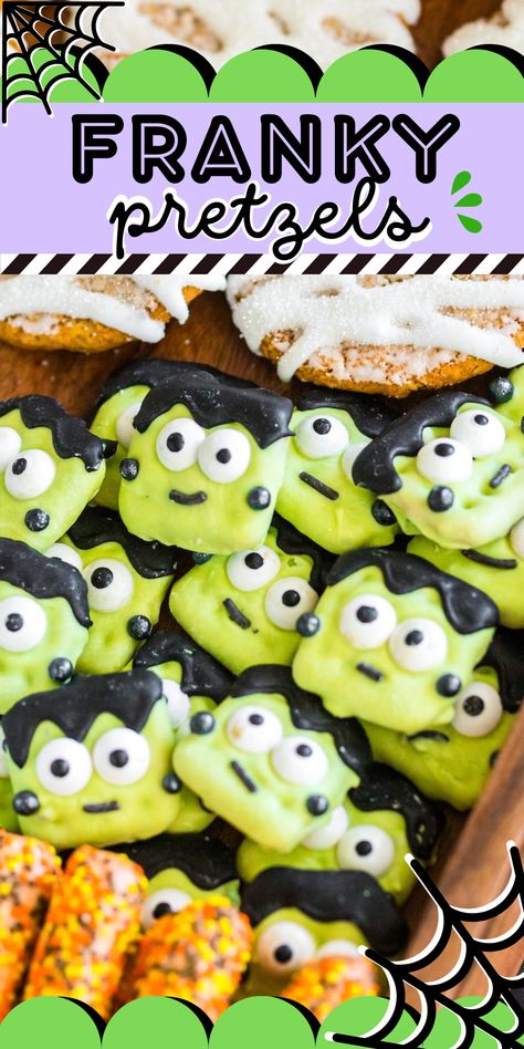 Need a fun Halloween treat that's fast and adorable? These Frankenstein Pretzels are the perfect addition to your Halloween Charcuterie Boards and Dessert Boards. Click to get easy tutorial. Frankenstein Charcuterie Board, Frankenstein Pretzels, Frankenstein Treats, Halloween Dessert Board, Halloween Charcuterie Boards, Halloween Pretzels Rods, Candy Corn Mix, Brownie Batter Dip, Dessert Boards