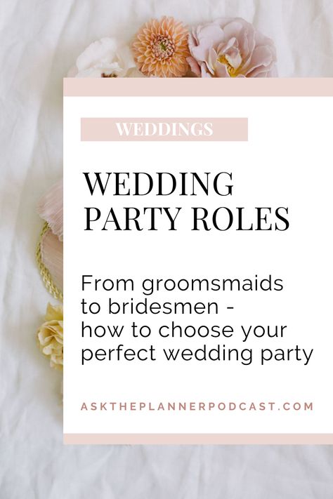 Bridesmaid & Groomsmen Ideas | Basic Wedding Roles | When should you invite people to your wedding party? Is it okay to mix genders on each side of my wedding party? Wedding party or bridal party? Same number of attendants on each side of the wedding party? When should we pick out wedding attire? Should you buy wedding party gifts? How to organize the wedding party? Wedding Party Duties, Wedding Party Roles, Wedding Party Attire, Basic Wedding, Wedding Planning Templates, Ultimate Wedding Planning Checklist, Groomsmen Ideas, Finger Lakes Wedding, Magenta Wedding