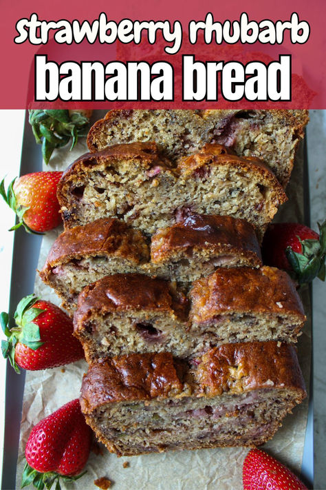 This strawberry rhubarb banana bread turns banana bread into a seasonal favorite. It takes everything you love about buttery and moist banana bread and adds sweet strawberries and tart rhubarb to the mix. Rhubarb Banana Bread, Strawberry Rhubarb Recipes, Rhubarb Bread, Blueberry Rhubarb, Strawberry Banana Bread, Buttermilk Bread, Just Pies, Strawberry Bread, Moist Banana Bread