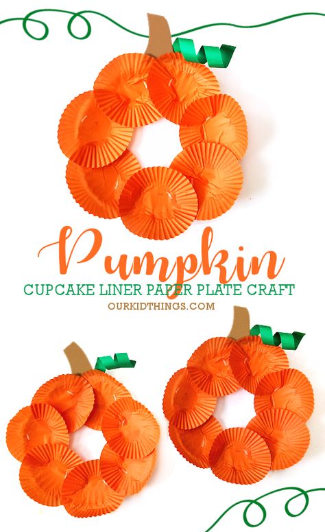 Cupcake Liner Pumpkin Craft Paper Pumpkin Craft Preschool, Cupcake Liner Halloween Crafts, Cupcake Liner Crafts Christmas, Horn Of Plenty Craft For Kids, Paper Strip Pumpkin Craft, Cupcake Liner Wreath, Crafts For Kids Autumn, Craft With Cupcake Liners, Pumpkin Pie Paper Plate