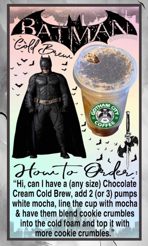 Batman Starbucks Drink, Movie Inspired Starbucks Drinks, Jack Skellington Starbucks Drink, Jack Skellington Drink, Horror Movie Starbucks Drinks, Starbucks Drinks Based On Characters, Starbucks Character Drinks, Harry Potter Starbucks Drink, Special Starbucks Drinks