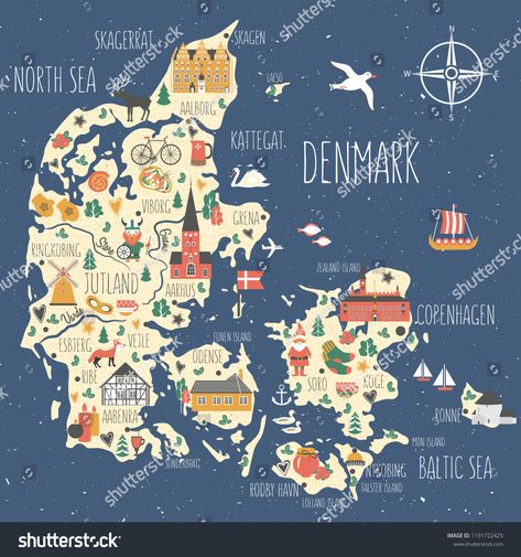 Kingdom of Denmark map vector, Nordic country geographic banner template, landmark Copenhagen City Hall, Museum Of Hans Christian Andersen Odense, Church Bornholm Ronne, illustration scandinaviabanner#geographic#template#Copenhagen