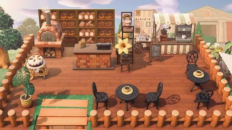 Acnh Coffee Shop, Shop Animal Crossing, Gamer Ideas, Animal Crossing Cafe, Bakery Coffee Shop, Ac Ideas, Animal Crossing Wild World, Acnh Ideas, Acnh Inspo