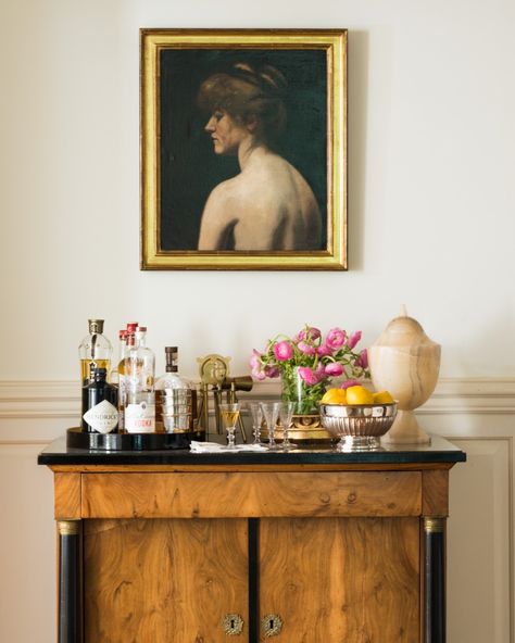 Anne Wagoner Interiors on Instagram: “I found this portrait on a trip to France and couldn’t leave her behind. So glad she found the perfect home with some of our favorite…” Colorful Apartment, Furniture Flipping, Ivy House, Bar Set Up, Thrift Flip, Diy Bar, Starter Home, Refurbished Furniture, Bar Cabinet