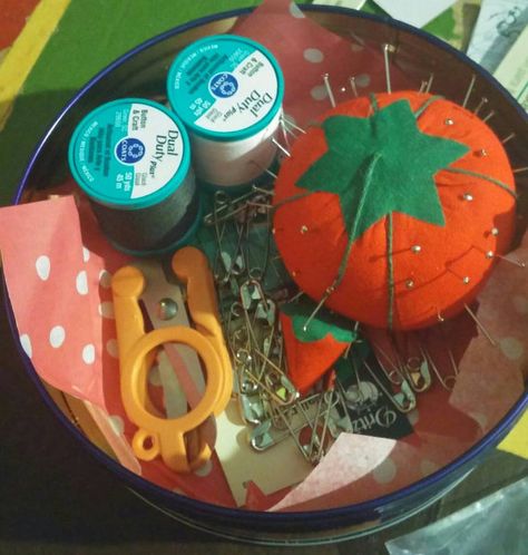 Cookie Tin Sewing Kit, Sewing Kit Box, Pottery Idea, Altoids Tin, Cookie Container, Altoids Tins, Cookie Tin, Cottage Aesthetic, Lipstick Tube