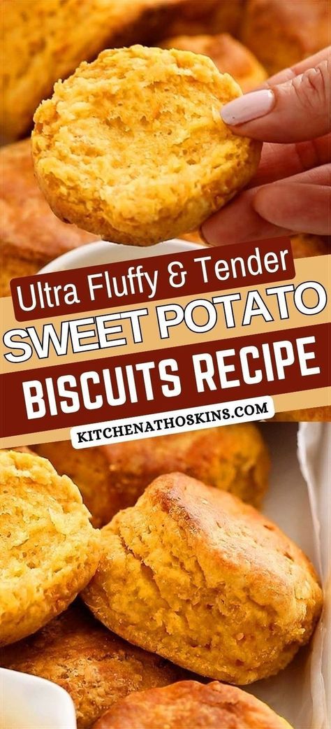 Learn how to make the best sweet potato biscuits recipe that's fluffy, easy, made using no buttermilk and makes a tasty side dish for Thanksgiving dinner. This easy sweet potato recipe is made using oven roasted or air fried sweet potatoes. Sweet Potato Biscuits Recipe, Potato Biscuits Recipe, Rv Food, Potato Biscuits, Best Sweet Potato, Sweet Potato Biscuits, Biscuit Bread, Biscuit Rolls, Biscuits Recipe