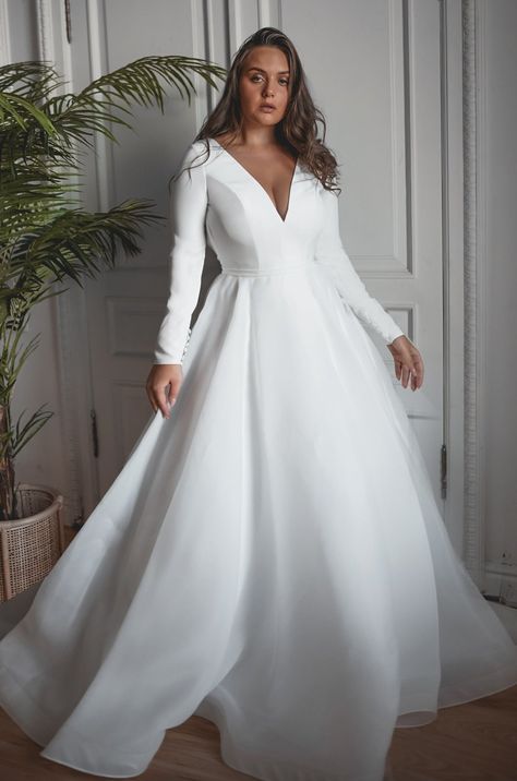 Plus Wedding Dress With Sleeves, Low Back Wedding Dress Plus Size, Wedding Dresses With Sleeves Plus Size, Wedding Dresses Midsize, Plus Size A Line Wedding Dresses, Satin Wedding Dress Plus Size, Minimalist Plus Size, Long Sleeve Satin Wedding Dress, Suzanne Neville Wedding Dress