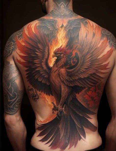 Full Color Phoenix Tattoo, Fire Lion Tattoo, Flying Phoenix Tattoo, Phoenix Tattoo Men, Tato Phoenix, Phoenix Back Tattoo, Japanese Phoenix Tattoo, Octopus Tattoo Sleeve, Feminine Shoulder Tattoos