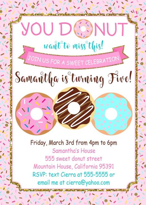 Donut Birthday Invitation, Donut Sprinkles Birthday Invitation, Donut Girl Birthday Party Invitation Donut Birthday Party Invitations, Donut Invitation, Doughnut Party, Celebration Design, Birthday Donuts, Donut Birthday Parties, Donut Birthday, Boy Birthday Invitations, Donut Party