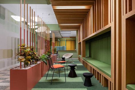 Best At The Office Posts of 2021 Bright Colorful Office, Bright Office Colors, Colorful Office, Pouf Design, Space Projects, Architecture Magazines, Nature Color Palette, Office Colors, Table Haute