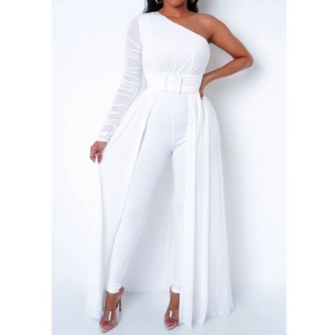 Stylish One Shoulder Jumpsuit With Sheer Train And Attached Belt - Runs Size(S) S, M & L Wedding Pantsuit The Bride, Wedding Shower Outfit, Royal Blue Wedding Invitations, Country Style Wedding Dresses, Wedding Dress Jumpsuit, Wedding Pantsuit, Short Hair Designs, Shower Outfits, All White Party